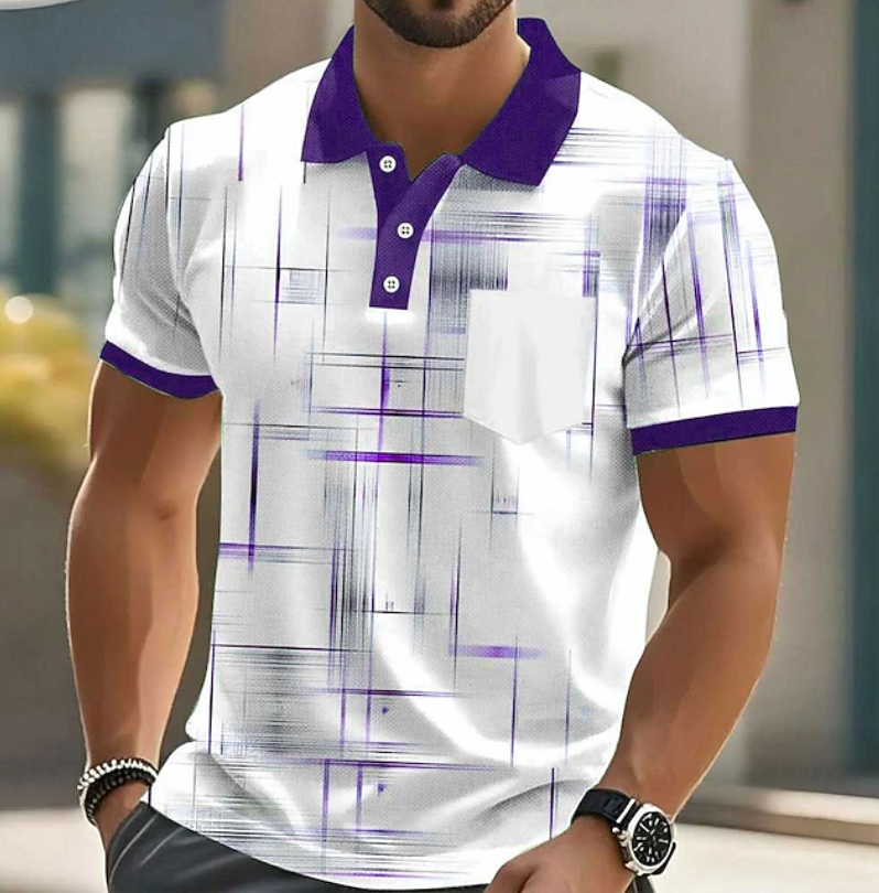 Men's Geometric Print Polo Shirt with Button Placket and Chest Pocket