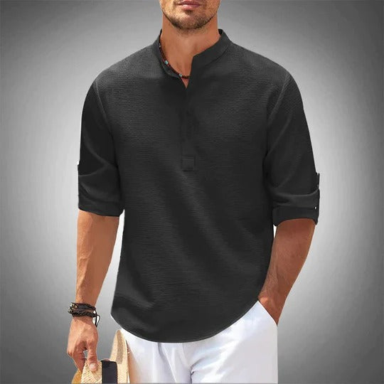 Men's Henley Shirt with Mandarin Collar and Half Button Placket
