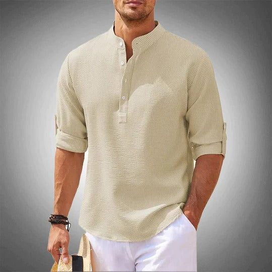 Men's Henley Shirt with Mandarin Collar and Half Button Placket