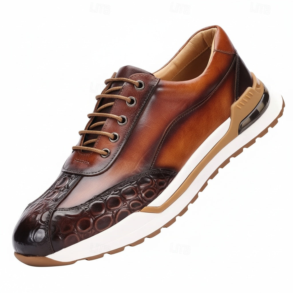 Men's Lace-Up Sneakers with Panel Construction and Crocodile-Embossed Toe