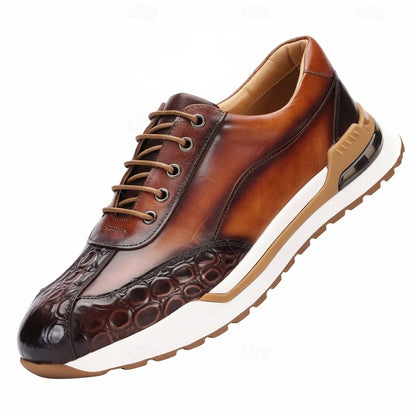 Men's Lace-Up Sneakers with Panel Construction and Crocodile-Embossed Toe