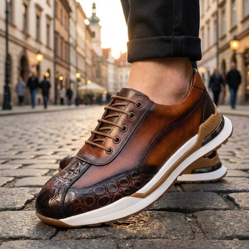 Men's Lace-Up Sneakers with Panel Construction and Crocodile-Embossed Toe