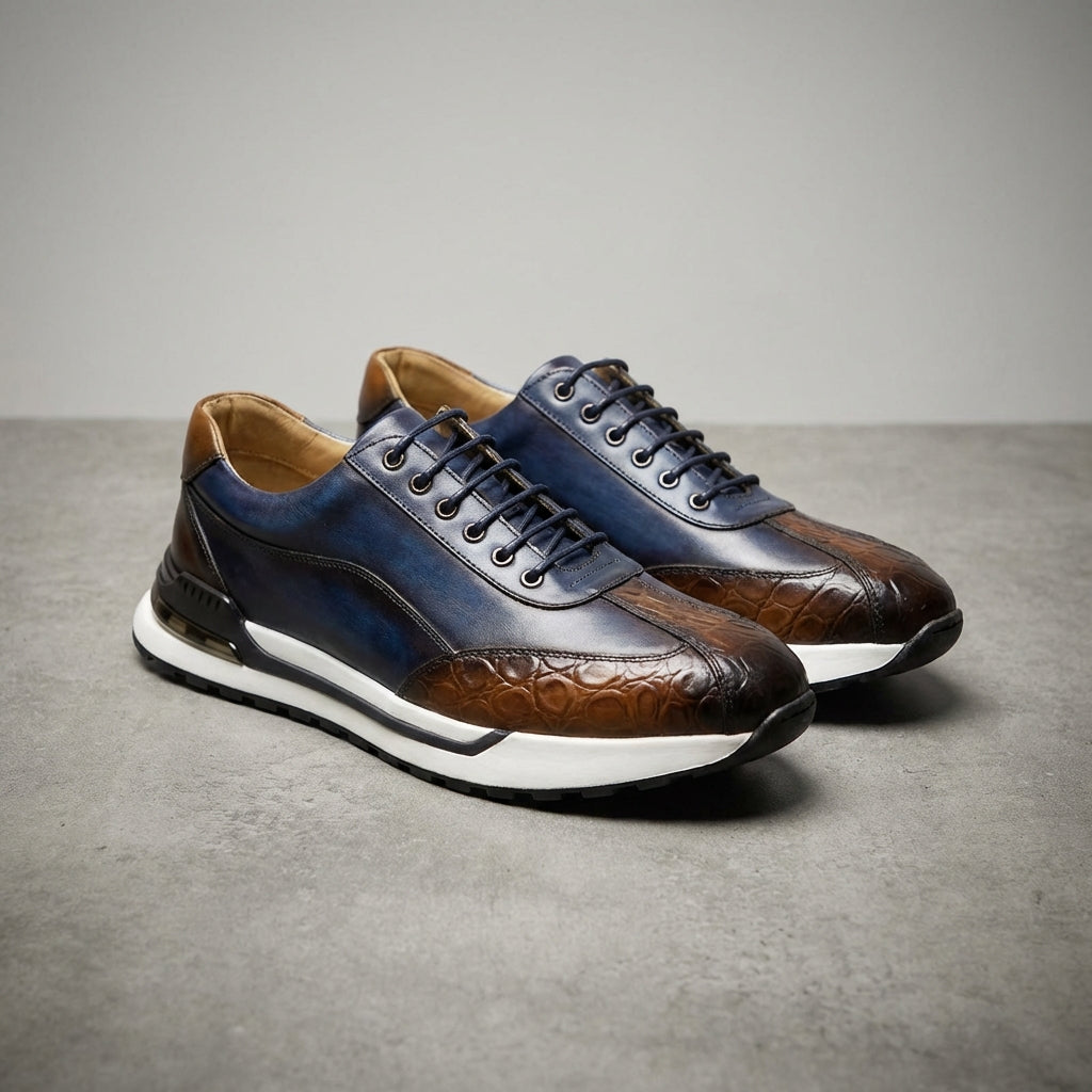 Men's Lace-Up Sneakers with Panel Construction and Crocodile-Embossed Toe