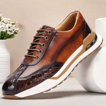 Men's Lace-Up Sneakers with Panel Construction and Crocodile-Embossed Toe