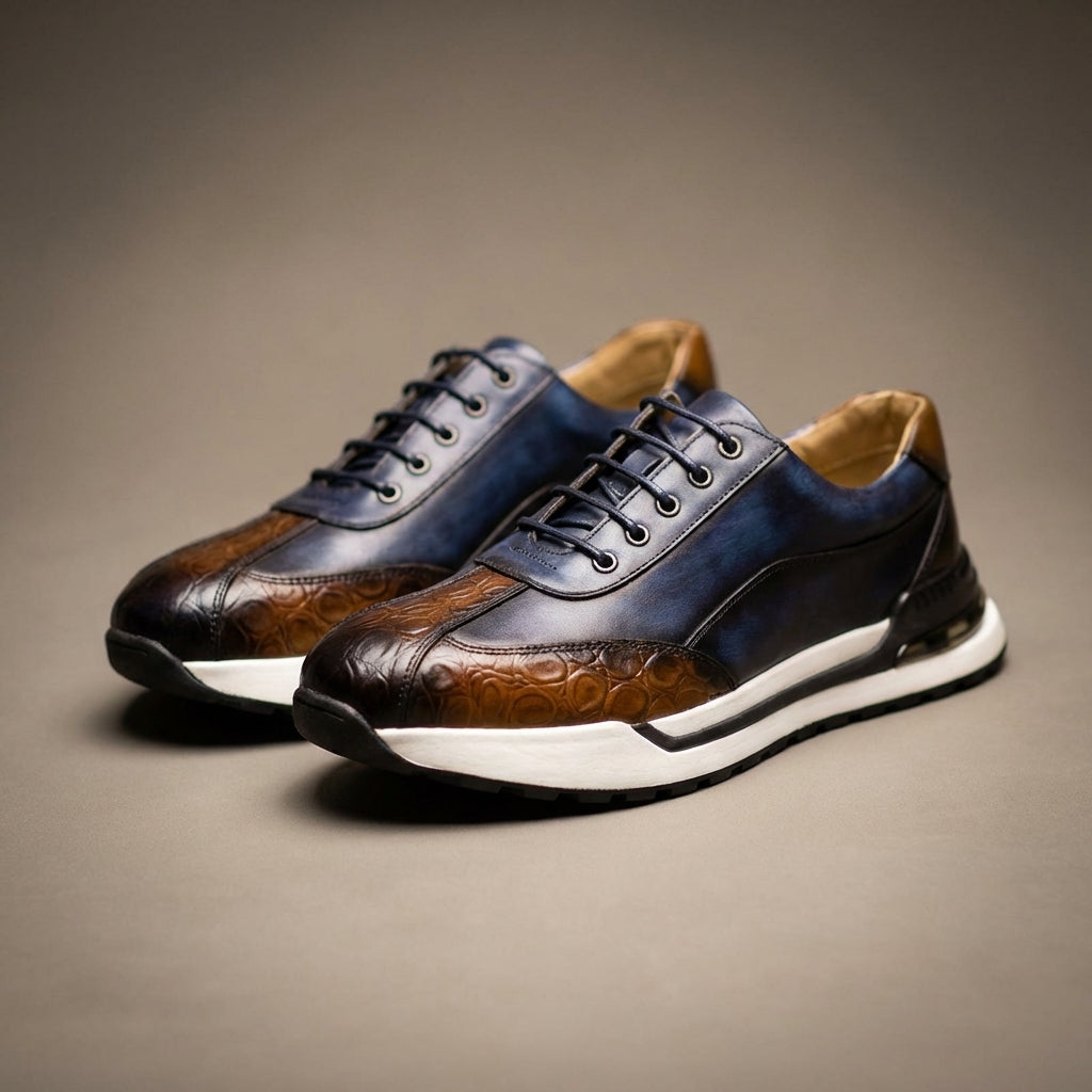 Men's Lace-Up Sneakers with Panel Construction and Crocodile-Embossed Toe