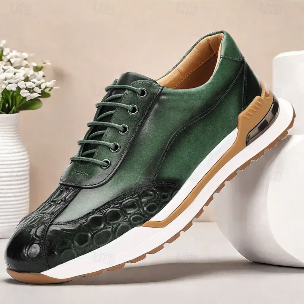 Men's Lace-Up Sneakers with Panel Construction and Crocodile-Embossed Toe