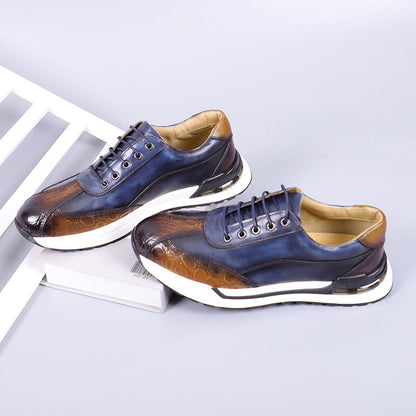 Men's Lace-Up Sneakers with Panel Construction and Crocodile-Embossed Toe
