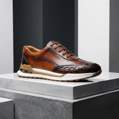 Men's Lace-Up Sneakers with Panel Construction and Crocodile-Embossed Toe