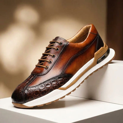 Men's Lace-Up Sneakers with Panel Construction and Crocodile-Embossed Toe