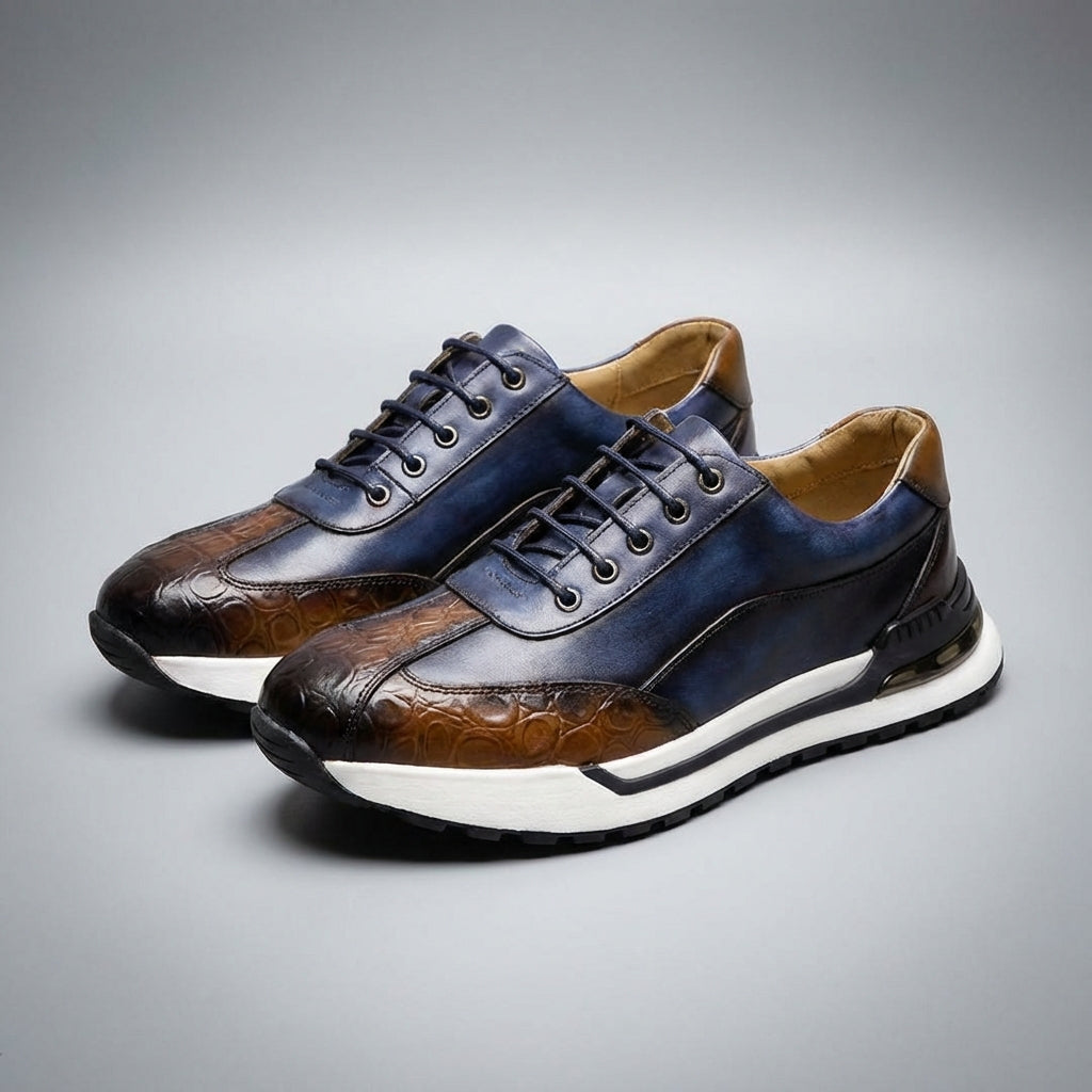 Men's Lace-Up Sneakers with Panel Construction and Crocodile-Embossed Toe