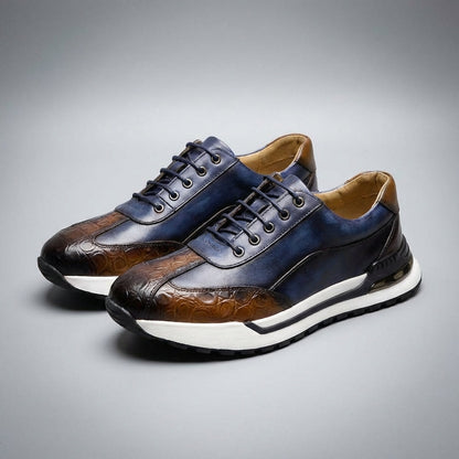 Men's Lace-Up Sneakers with Panel Construction and Crocodile-Embossed Toe