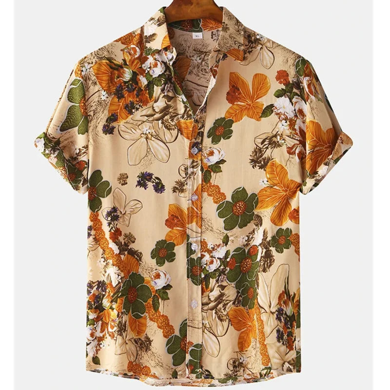 Men's Lightweight Floral Tropical Shirt with Short Sleeves and Kent Collar
