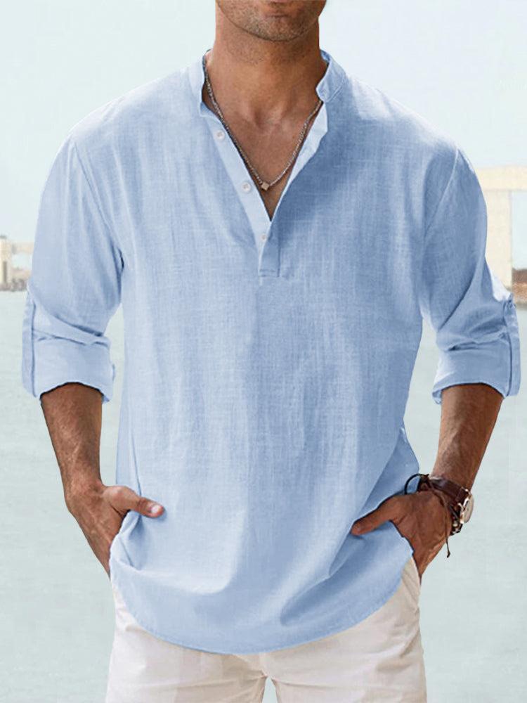 Men's Long Sleeve Henley Shirt with Band Collar and Button Placket