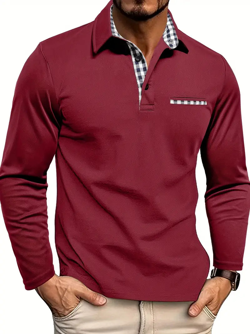 Men's Long Sleeve Polo Shirt with Gingham Under-Collar Detail and Chest Pocket