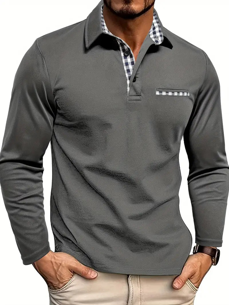 Men's Long Sleeve Polo Shirt with Gingham Under-Collar Detail and Chest Pocket