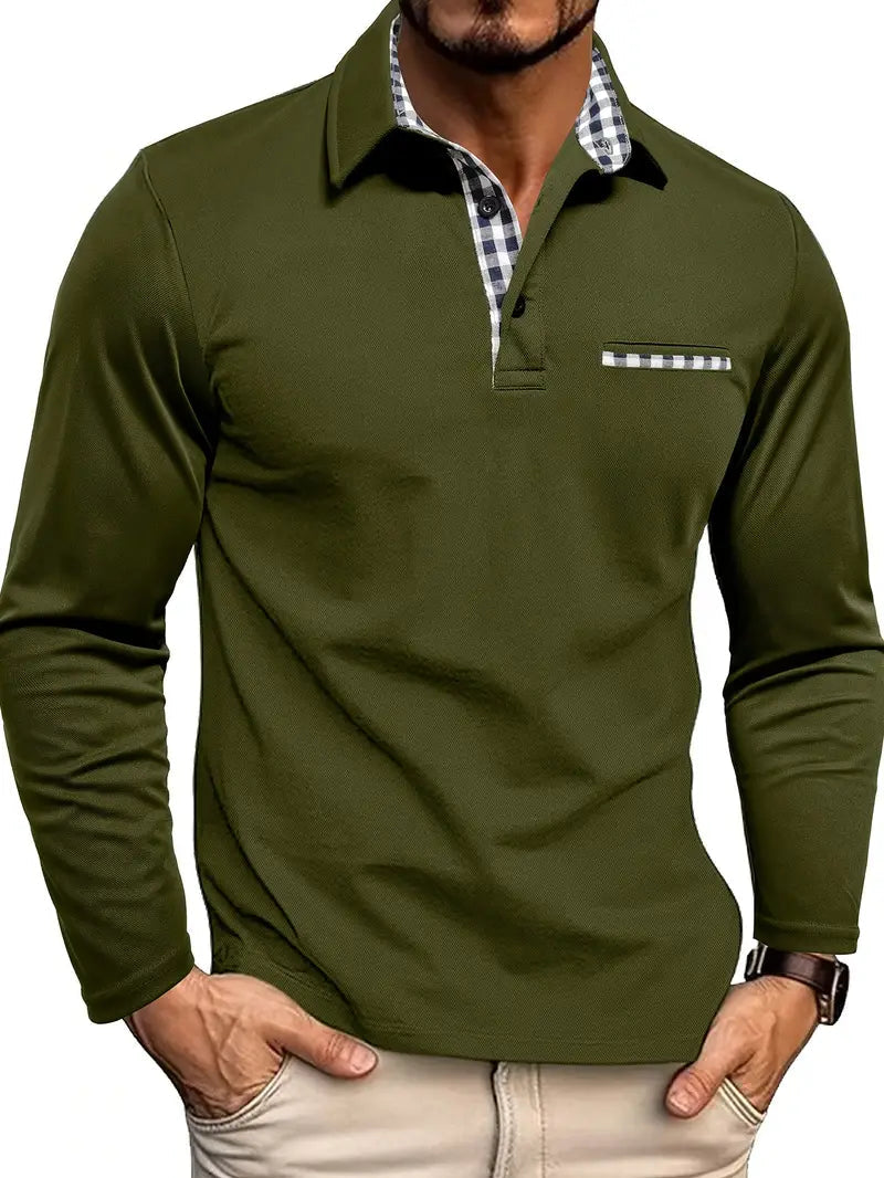 Men's Long Sleeve Polo Shirt with Gingham Under-Collar Detail and Chest Pocket