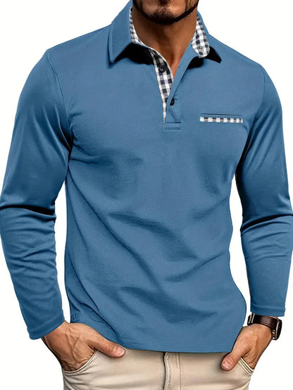 Men's Long Sleeve Polo Shirt with Gingham Under-Collar Detail and Chest Pocket