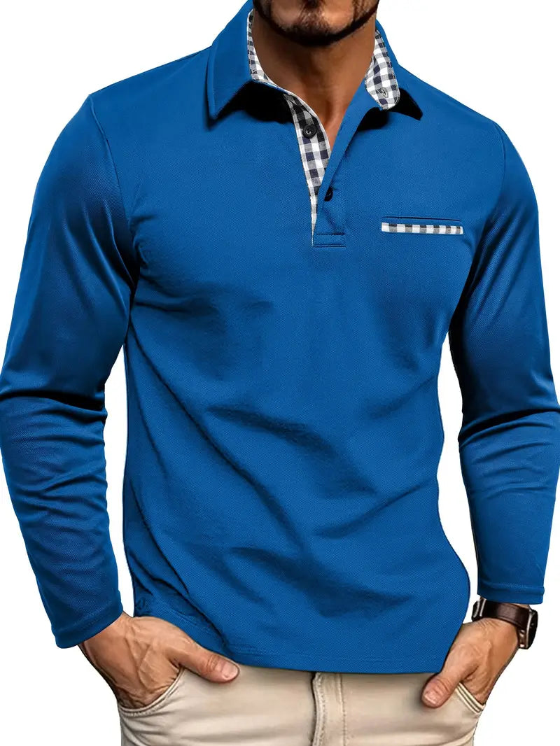 Men's Long Sleeve Polo Shirt with Gingham Under-Collar Detail and Chest Pocket