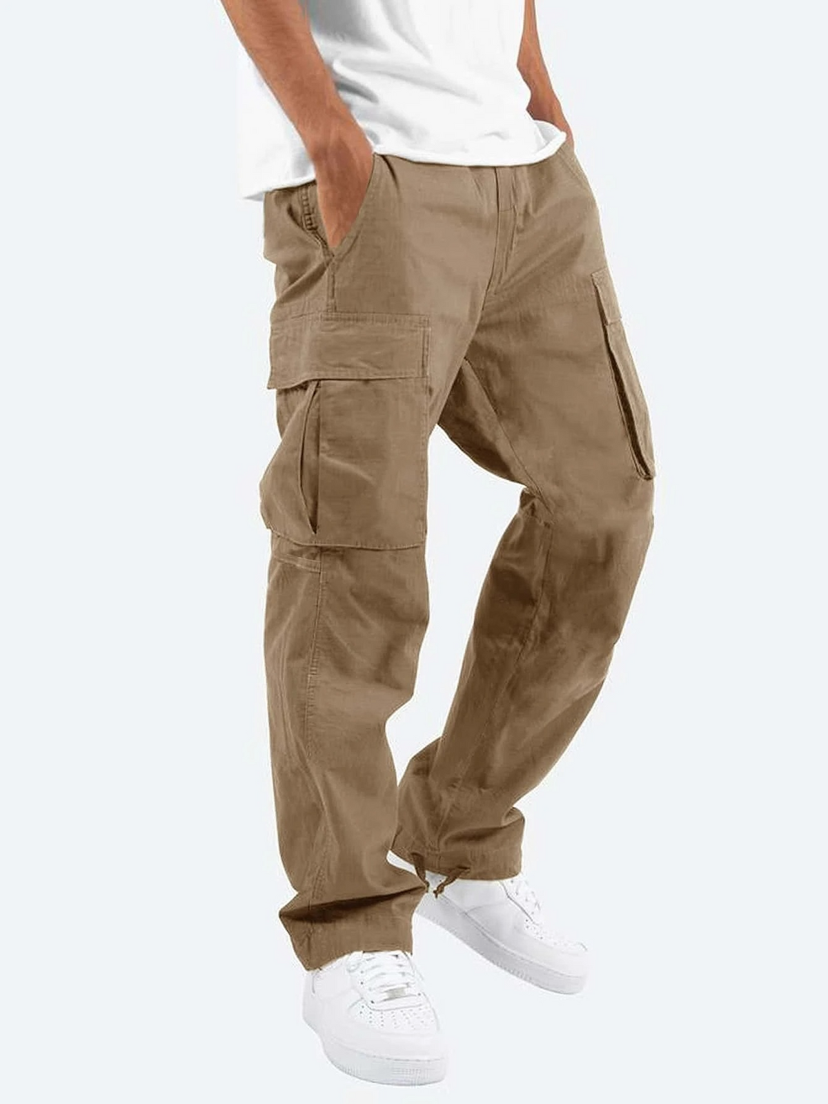 Men's Loose Cargo Pants with Side Pockets and Drawstring Hems