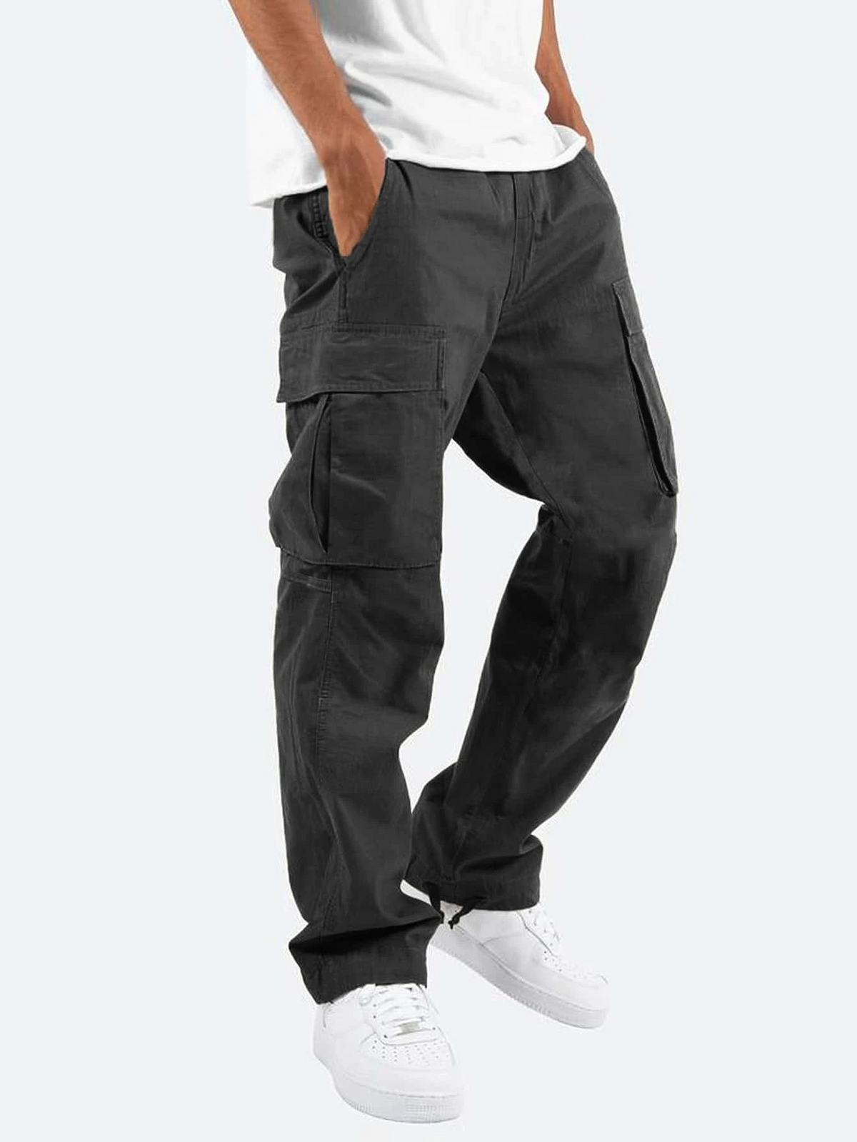 Men's Loose Cargo Pants with Side Pockets and Drawstring Hems