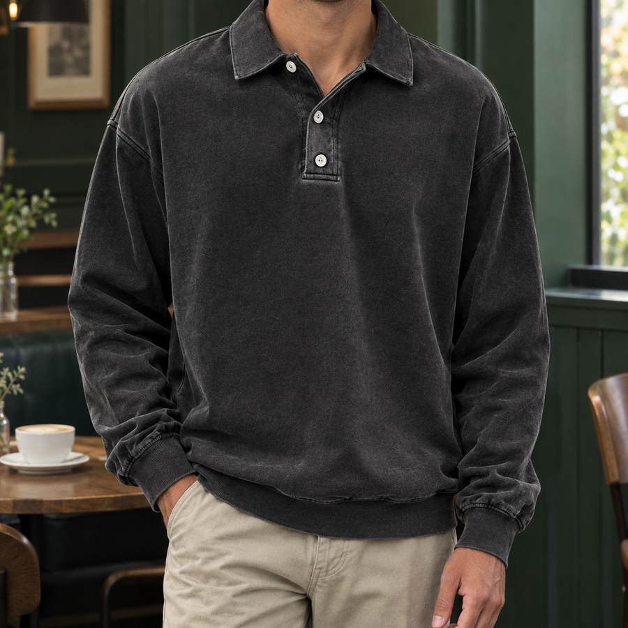 Men's Oversized Long Sleeve Polo Sweatshirt with Three-Button Placket