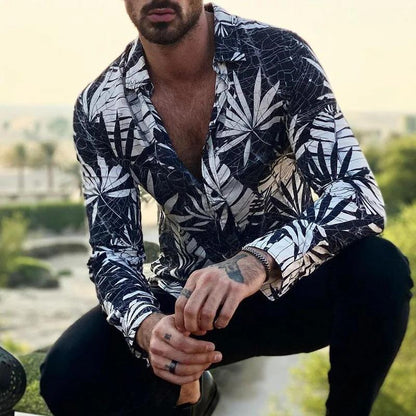 Men's Printed Hawaiian Shirt with Button-Up Front and Collar