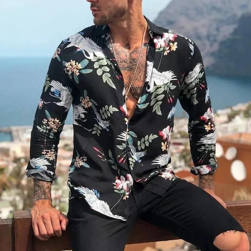 Men's Printed Hawaiian Shirt with Button-Up Front and Collar