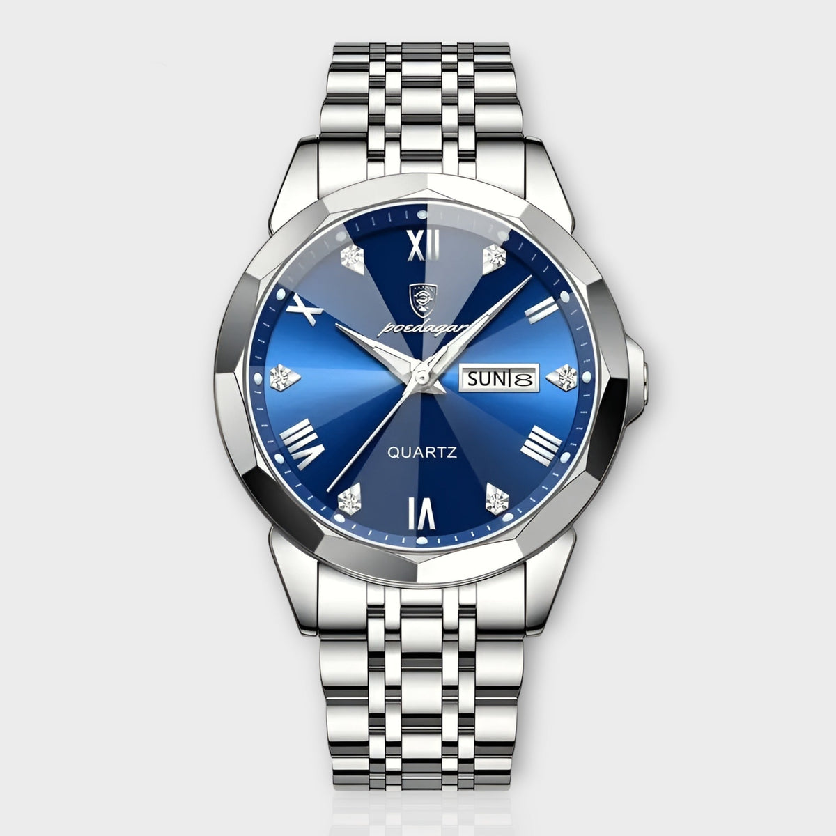 Men's Quartz Watch with Roman Numerals, Day-Date Display and Faceted Case
