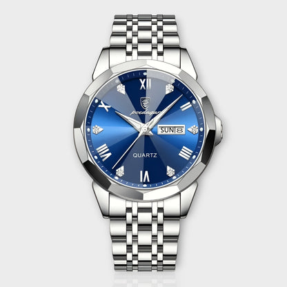 Men's Quartz Watch with Roman Numerals, Day-Date Display and Faceted Case