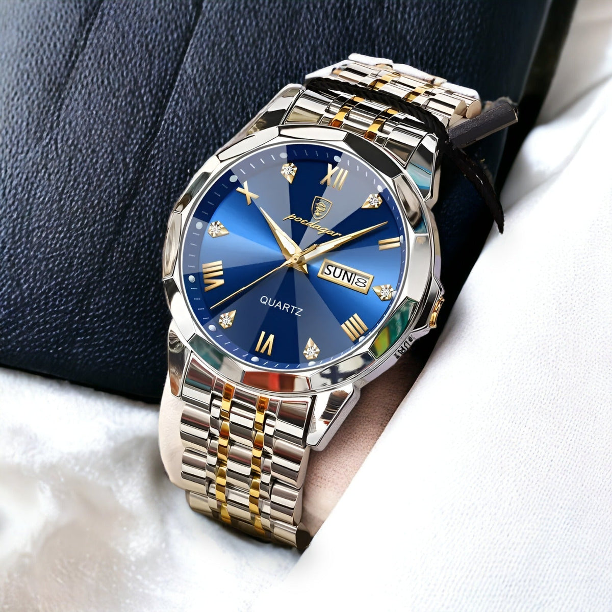 Men's Quartz Watch with Roman Numerals, Day-Date Display and Faceted Case