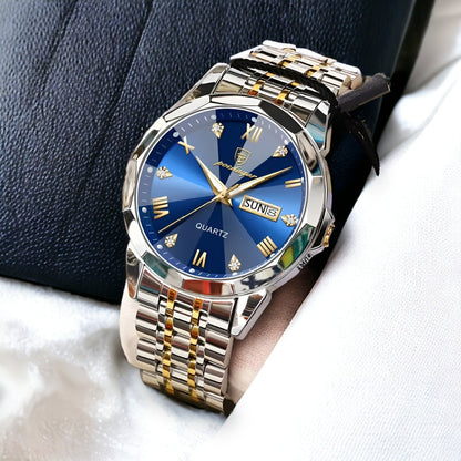 Men's Quartz Watch with Roman Numerals, Day-Date Display and Faceted Case