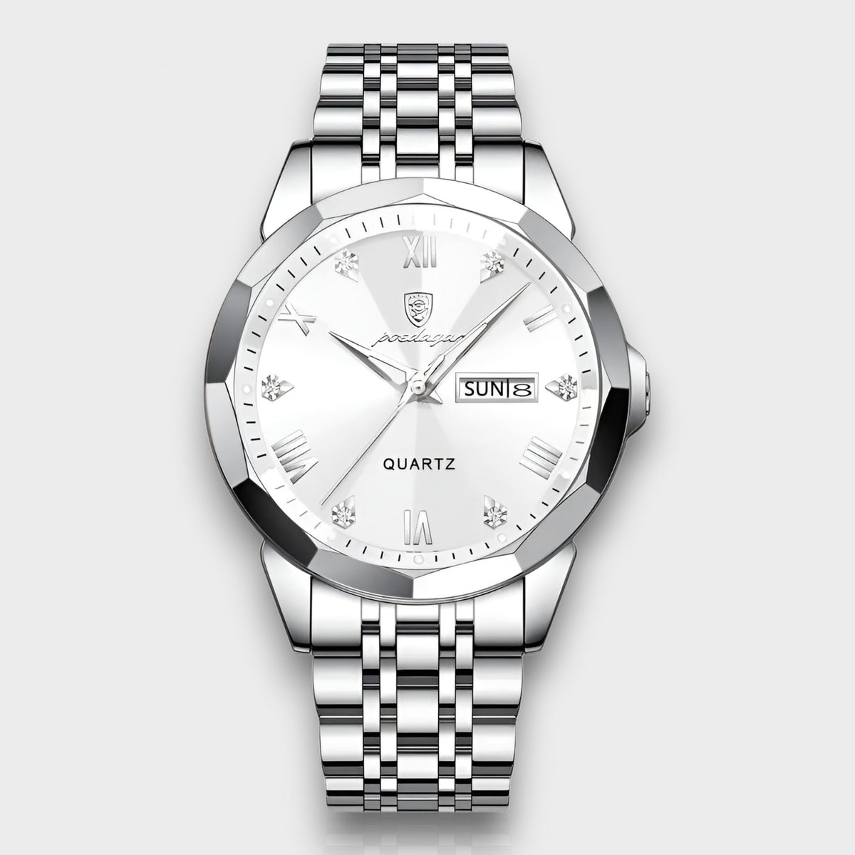 Men's Quartz Watch with Roman Numerals, Day-Date Display and Faceted Case