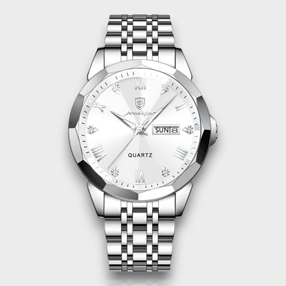 Men's Quartz Watch with Roman Numerals, Day-Date Display and Faceted Case