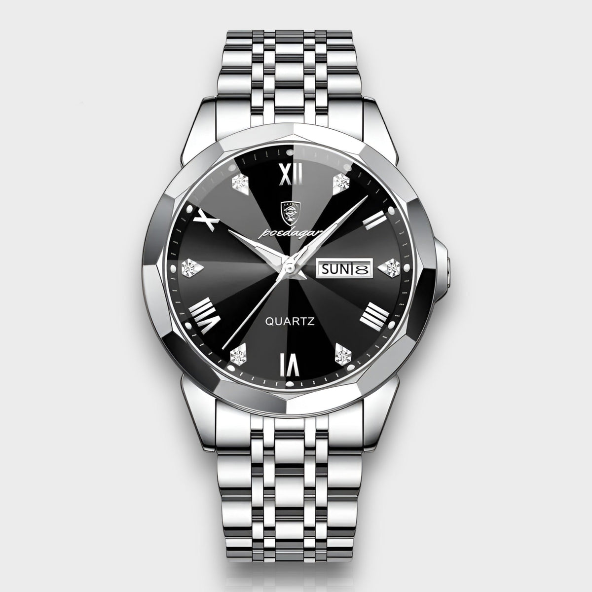 Men's Quartz Watch with Roman Numerals, Day-Date Display and Faceted Case