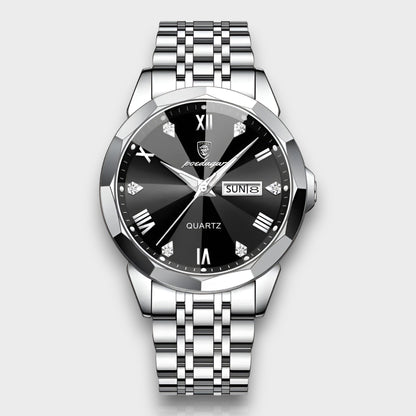 Men's Quartz Watch with Roman Numerals, Day-Date Display and Faceted Case