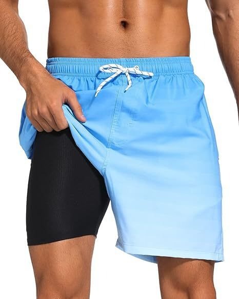 Men's Quick-Dry Swim Shorts with Compression Liner and Drawstring Waist