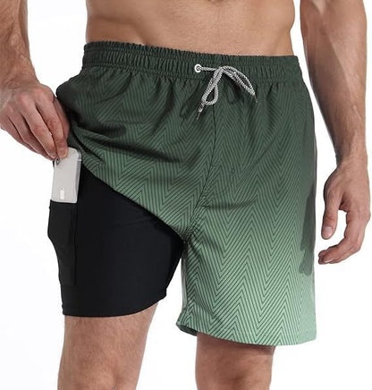 Men's Quick-Dry Swim Shorts with Compression Liner and Drawstring Waist
