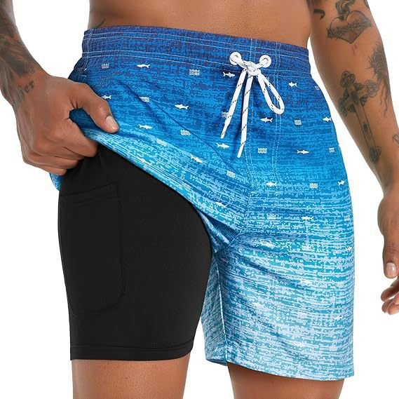 Men's Quick-Dry Swim Shorts with Compression Liner and Drawstring Waist