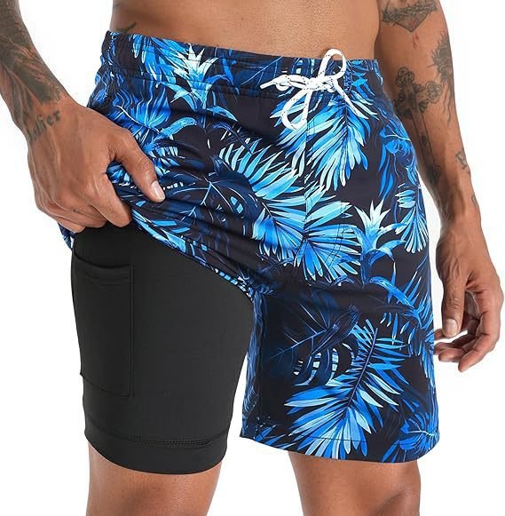 Men's Quick-Dry Swim Shorts with Compression Liner and Drawstring Waist