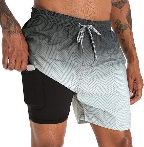 Men's Quick-Dry Swim Shorts with Compression Liner and Drawstring Waist
