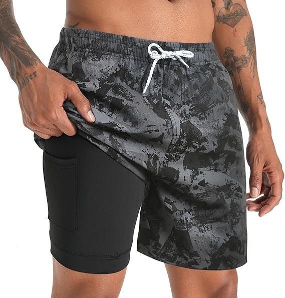 Men's Quick-Dry Swim Shorts with Compression Liner and Drawstring Waist