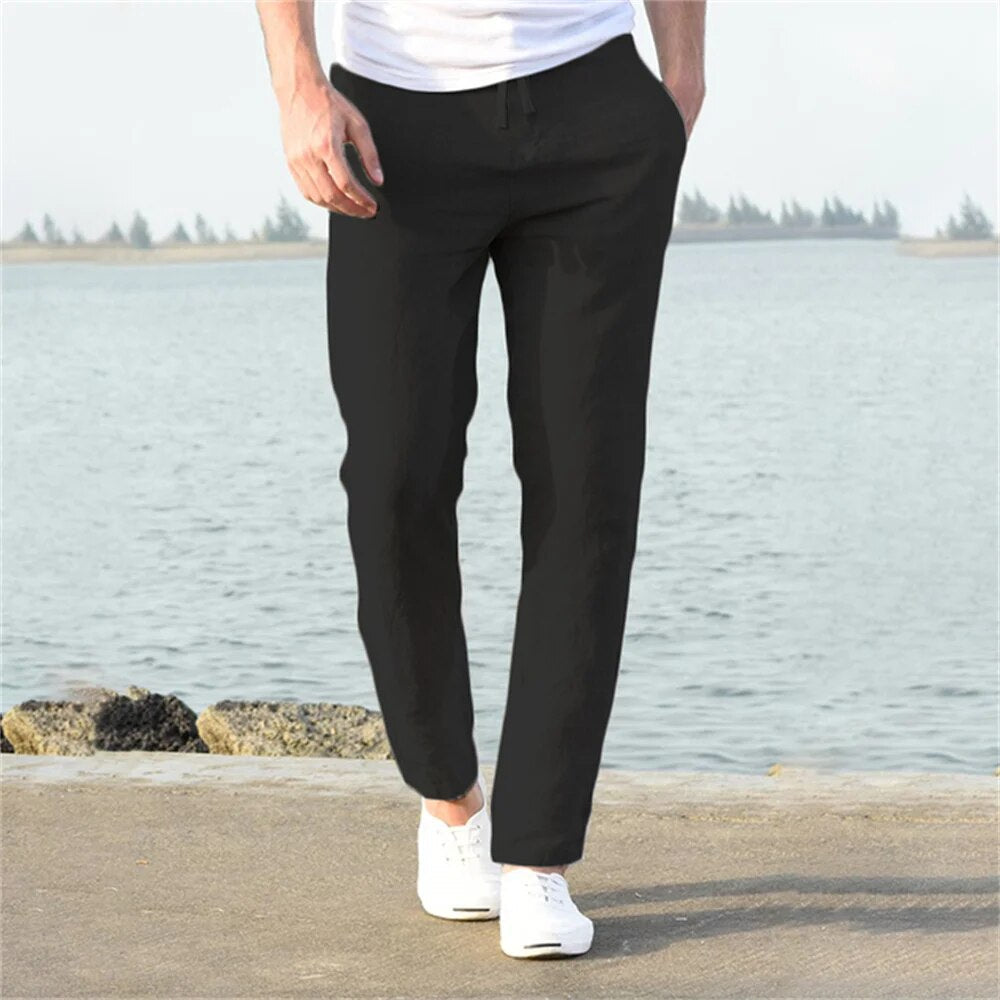 Men's Relaxed Straight-Leg Trousers with Drawstring Waist and Side Pockets