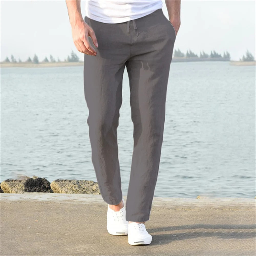 Men's Relaxed Straight-Leg Trousers with Drawstring Waist and Side Pockets