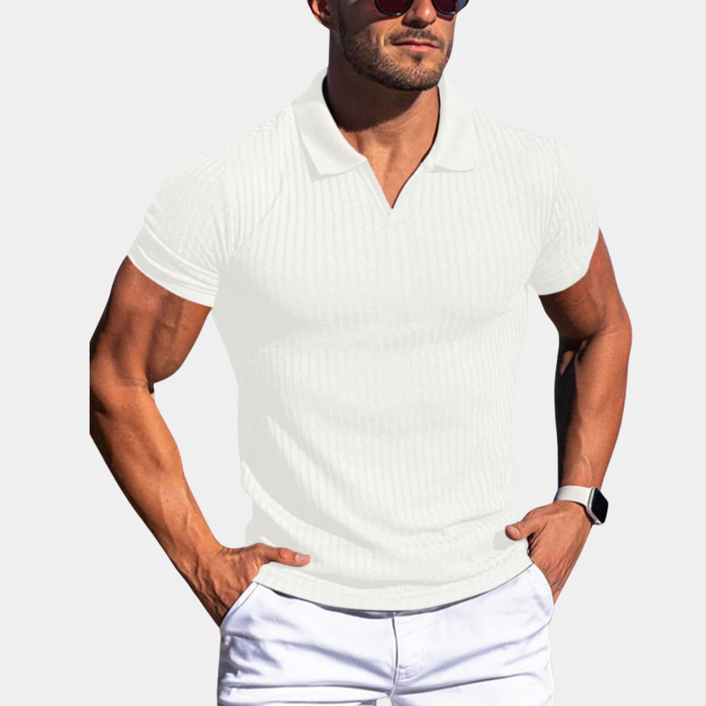 Men's Ribbed Polo Shirt with V-Neck and Short Sleeves