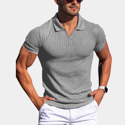 Men's Ribbed Polo Shirt with V-Neck and Short Sleeves