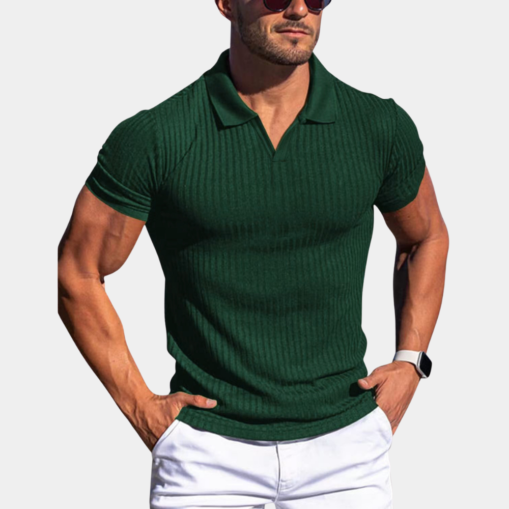 Men's Ribbed Polo Shirt with V-Neck and Short Sleeves