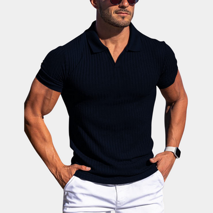 Men's Ribbed Polo Shirt with V-Neck and Short Sleeves