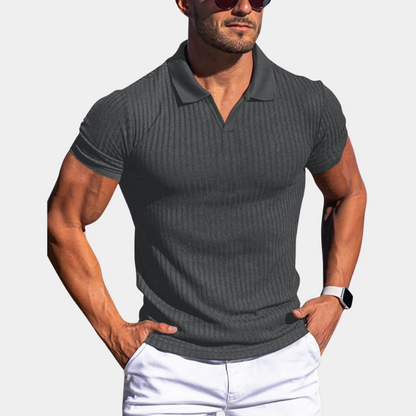Men's Ribbed Polo Shirt with V-Neck and Short Sleeves