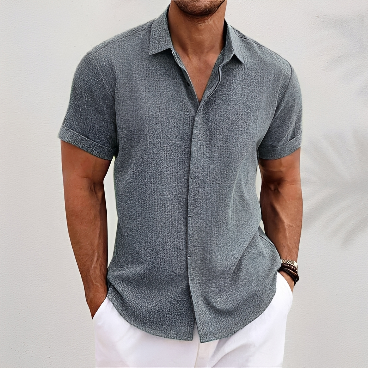 Men's Short Sleeve Button-Up Shirt with Collar