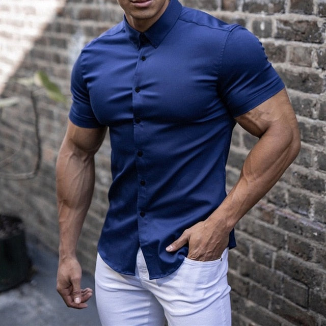 Men's Short Sleeve Button-Up Shirt with Collar and Muscle Fit